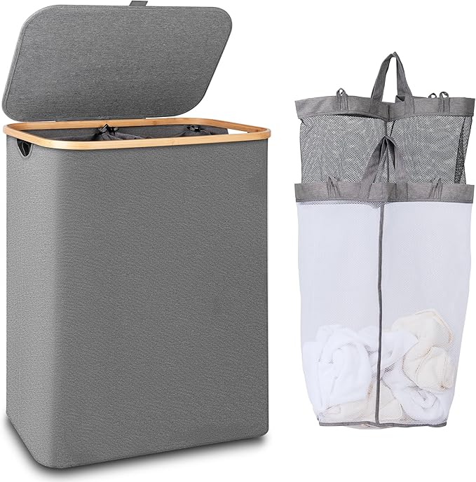 150L Laundry Hamper with Lid-Large Laundry Basket with Bamboo Handles, Grey Hampers for Laundry, Dirty Clothes Hamper with 2 Removable Inner Bags for Clothes Toys Towels