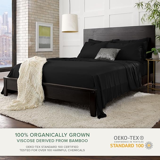 Pure Bamboo Twin Sheets, Genuine 100% Organic Viscose Derived from Bamboo Bed Sheet Set, Luxuriously Soft & Cooling, Double Stitching, 2 Year Quality Promise (Twin, Black)