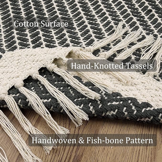 Lahome Boho Bathroom Runner Rug, 2x5 Laundry Room Washable Rugs for Entryway Cotton Grey Area Mat with Tassels, Farmhouse Throw Mats Non Shedding Carpet Runner for Hallway Door