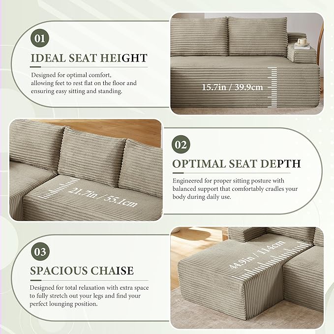 96''Sectional Couches for Living Room Modern Modular Sectional Sofa Upholstered Boneless Couch Comfy Cloud Couch with Chaise (Camel, 96''W Left Facing Chaise)