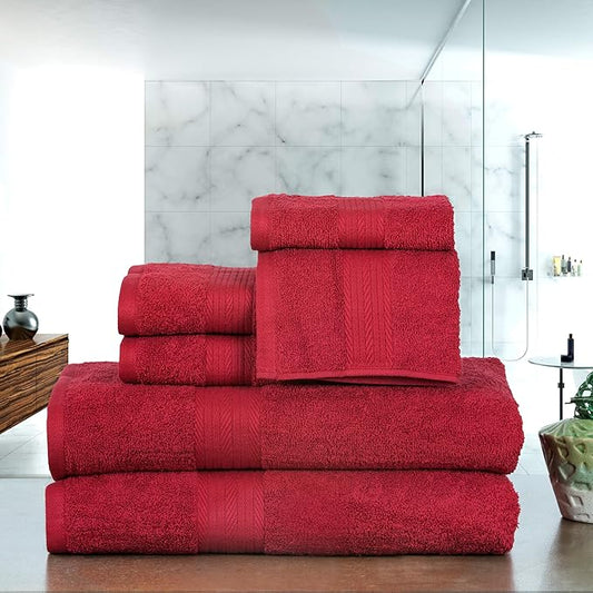 Ample Decor 100% Cotton 6 Piece Bathroom Towels Set, 2 Bath Towels, 2 Hand Towels, 2 Washcloths, Quick Drying - Red Towel Sets