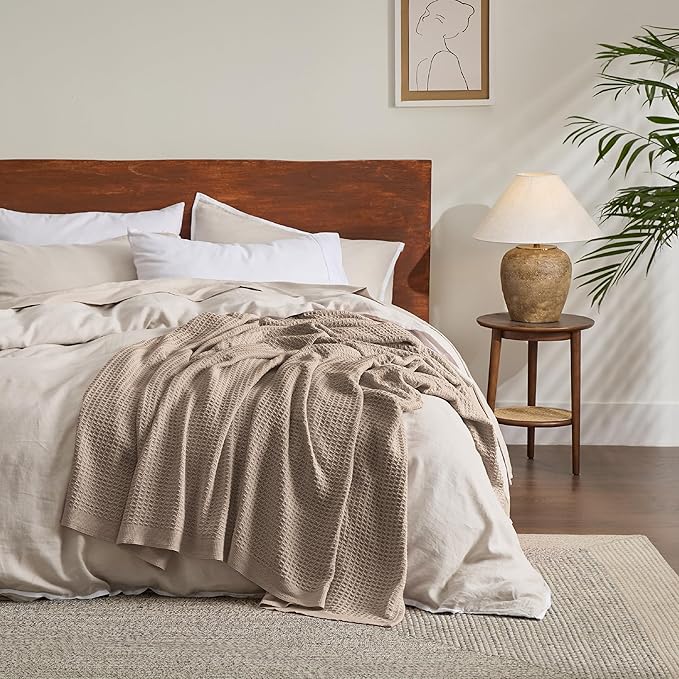 Bedsure Gentlesoft 100% Cotton Blanket Queen Size for Bed - Breathable and Soft, Thick Cozy Waffle Weave Christmas Blanket Gift for Women, Light Brown, 90x90 Inches