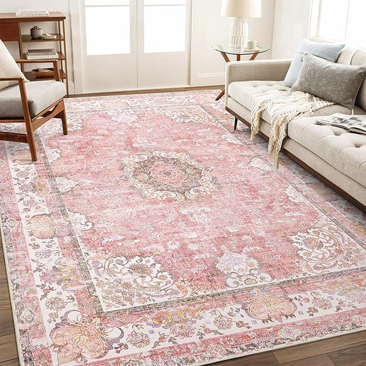 5'x7' Area Rugs Washable,Pink Rug for Living Room Bedroom,Large Boho Vintage Bohemian Distressed Oriental Carpet Non Slip,Blush Floral Flowers