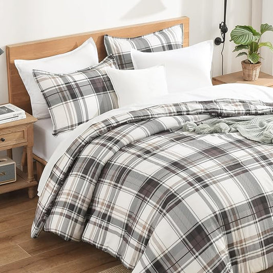 Andency Gray Brown Black Plaid Comforter Set Queen(90x90Inch), 3 Pieces Grid Gingham Stripes Bedding Comforter Sets for Boys Girls Kids Teens, Preppy Geometric Line Soft Lightweight Reversible Bed Set