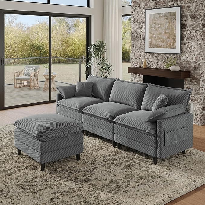 Ottoman for Modular Sectional Sofa, Ottoman Seat for Convertible Sectional, Single Sofa Couch for Living Room, Bedroom, Apartment, Corduroy, Gray