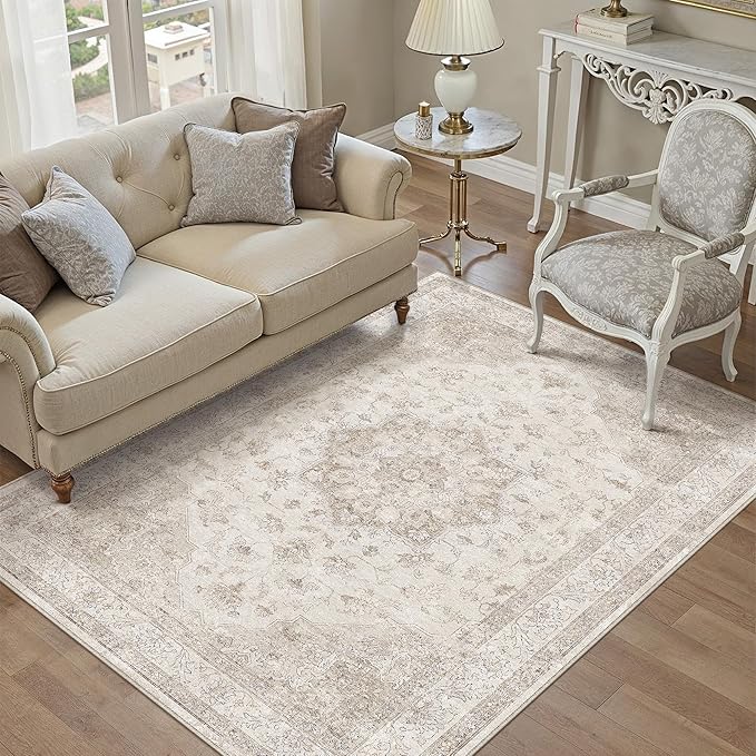 Beige Area Rug 4x5 Washable Vintage Carpet Entryway Office Soft Retro Kitchen Low Pile Thin Door Mat Non Slip Oriental Medallion Throw Small Rug for Bathroom Bedroom Dining Living Room