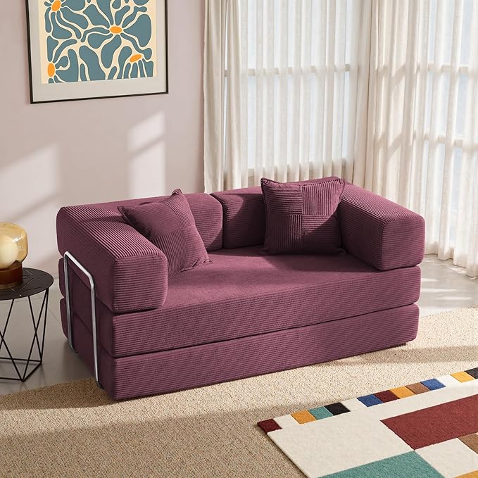 YINIX Foldable Sofa Bed, 62'' Folding Floor Couch, Compressed Convertable Sleeper Sofa, Memory Foam Couch with Pillow Back Support Armrest, 4-in-1 Futon Sofa Bed for Living Room, Wine Red