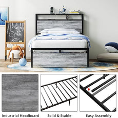 LIKIMIO Twin Bed Frames with Drawer, Storage Headboard with Outlets, No Box Spring Needed, Easy Assembly, Industrial Gray