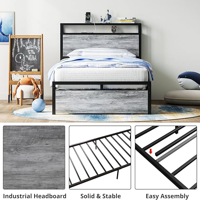 LIKIMIO Twin Bed Frames with Drawer, Storage Headboard with Outlets, No Box Spring Needed, Easy Assembly, Industrial Gray