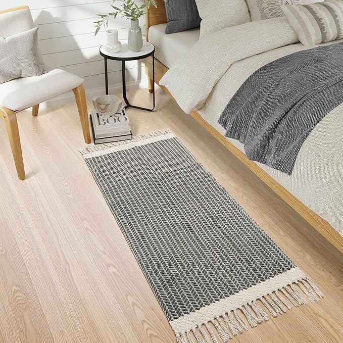 Lahome Boho Bathroom Runner Rug, 2x5 Laundry Room Washable Rugs for Entryway Cotton Grey Area Mat with Tassels, Farmhouse Throw Mats Non Shedding Carpet Runner for Hallway Door