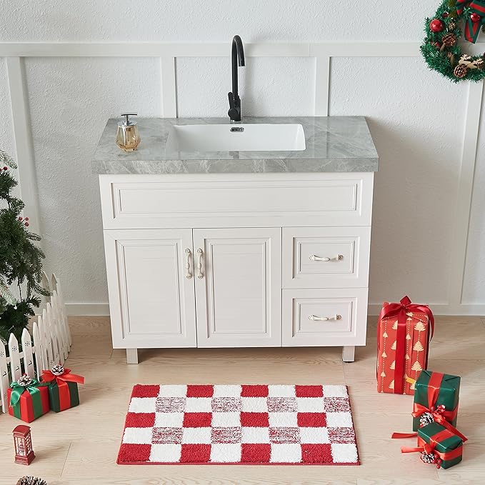 CozeCube Bath mats for Bathroom Non Slip, Fluffy Absorbent Microfiber Bath mat Washable, Aesthetic Bathroom Rugs, Large Christmas Red Checkered Bath mat, Christmas Red, 36" x 24"