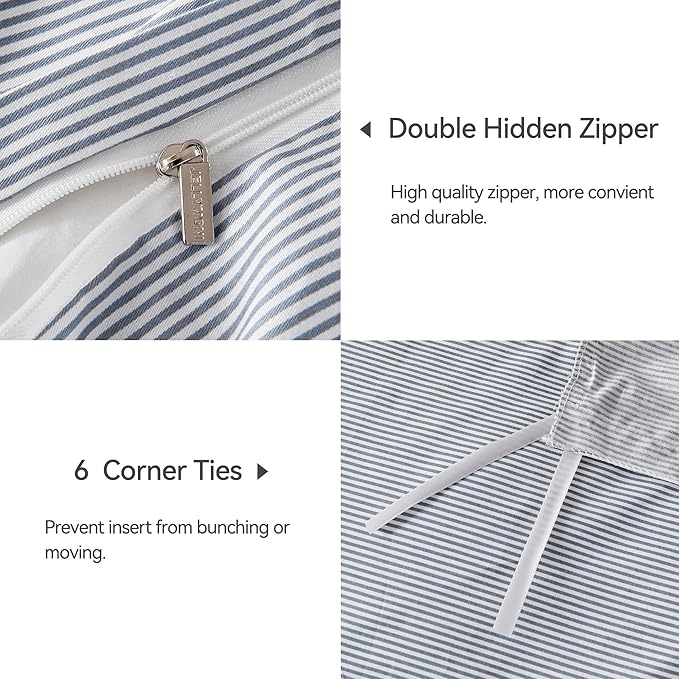 JELLYMONI 100% Natural Cotton 3pcs Striped Duvet Cover Sets,Blue Duvet Cover with Thin White Stripes Pattern Printed Comforter Cover,with Zipper Closure & Corner Ties(Twin Size)