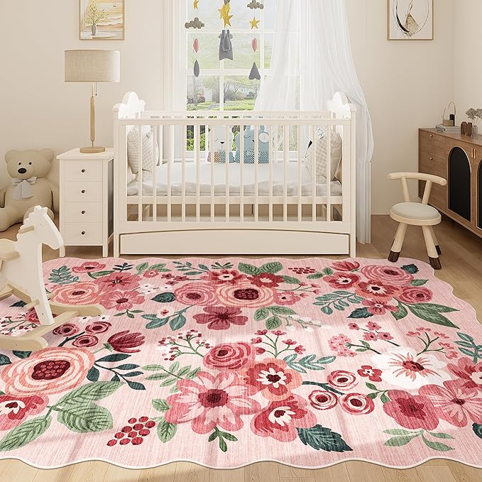 DUKINO 5x7 Area Rug, Floral Washable Rugs for Living Room with Non Slip Backing & Non-Shedding, Lightwight Low Pile Boho Design Large Carpets for Bedroom, Living Room, Dining Room, Pink