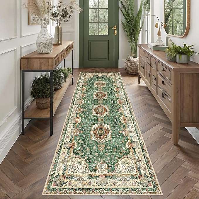 Washable Runner Rug 2'x8',Green Rug Runners Non Slip,Long Boho Rugs for Hallways Kitchen Bathroom Bedroom Entryway,Vintage Bohemian Distressed Floor Carpet,Retro Sage Floral