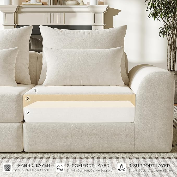 Modular loveseat with Ottoman, L-Shape Boneless Couch, Customizable Sectional Couch, Free Combination Design Sleeper Sofa, Cloud Mist