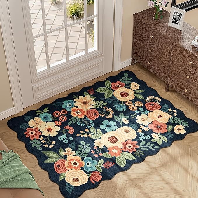DUKINO 2x3 Entryway Rug, Floral Washable Indoor Door Mat with Non-Slip Backing, Soft Low Pile Small Front Door Throw Rugs for Entryway, Kitchen, Bedroom, Laundry, Bathroom, Navy Blue