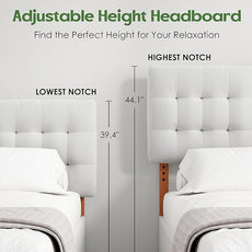 Tufted Upholstered Full Headboard, Adjustable Height Full Size Headboard Only from 39”to 44” with Durable Solid Wood Legs, Modern Button Diamond Fabric Head Board with Width Adapters, Beige