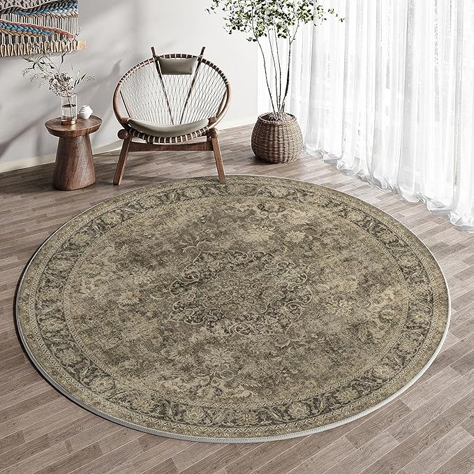 6x6 Washable Brown Round Rug Vintage Living Room Bedroom Circle Rug Non-Slip Soft Low Pile Distressed Indoor Carpet for Kitchen Dining Room Office