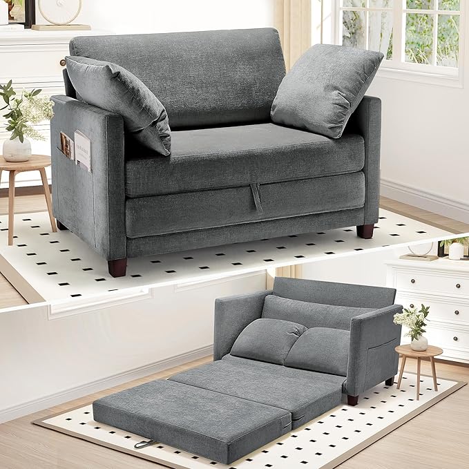 51" Convertible Sofa Bed, 2 in1 Folding Sofa Bed, Loveseat Sleeper Sofa for Small Spaces, Fold Out Floor Couch with 2 Pillows for Apartment, Living Room & Guest Room, Grey Chenille Fabric