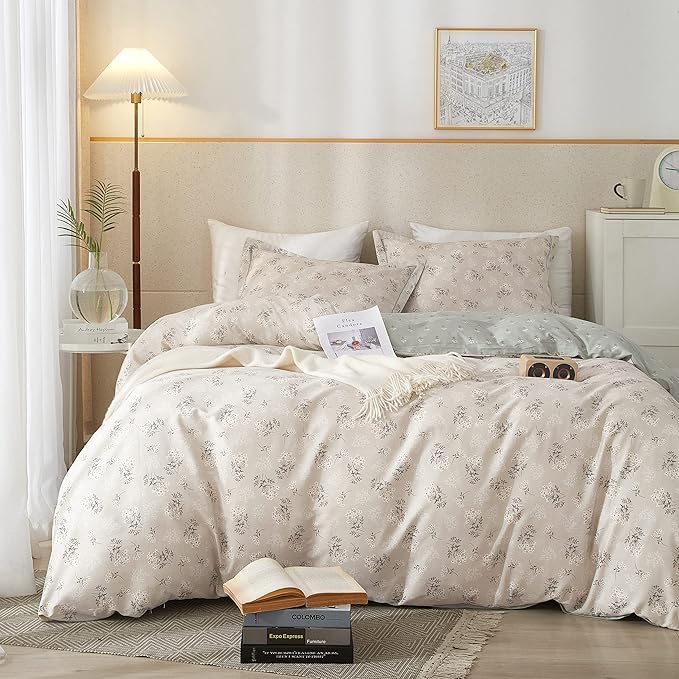 HighBuy Boho Floral Duvet Cover Queen Cotton Aesthetic Bedding Set Coquette Comforter Cover Set Reversible Green Garden Lightweight Soft Zipper Closure Breathable Queen Bedding Duvet Cover Set