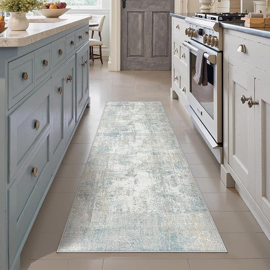 2x5 Washable Runner Rug Blue Cream Abstract Hallway Kitchen Throw Rug Neutral Modern Non Slip Soft Low Pile Lightweight Carpet for Bathroom Laundry Bedroom Living Room