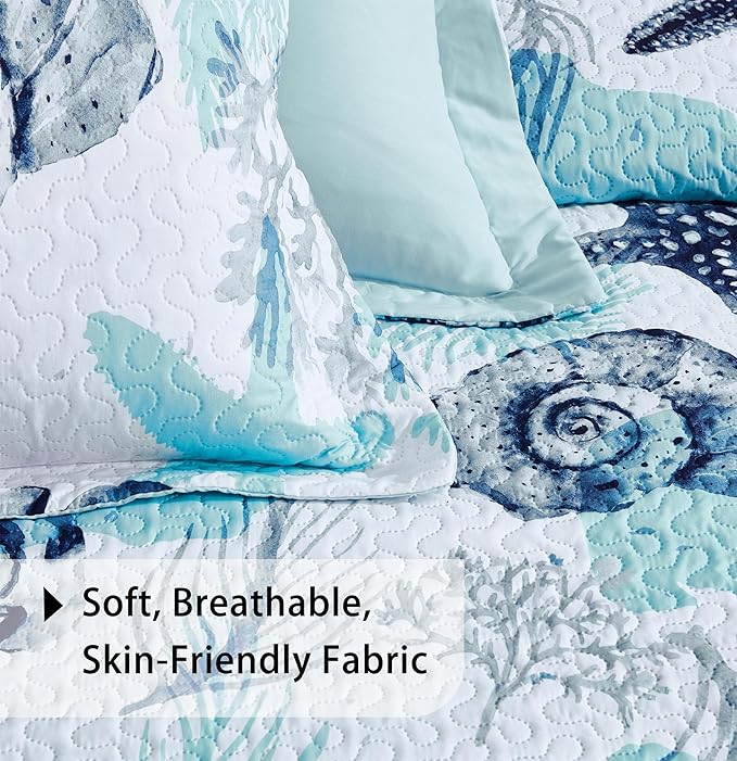 Tritard 3 Piece Coastal Full/Queen Quilt Sets Nautical Reversible Lightweight Bedspread Coverlet with 2 Shams Blue Starfish Conch Beach Microfiber Bedding Quilt Set for All Season, 90''x96''