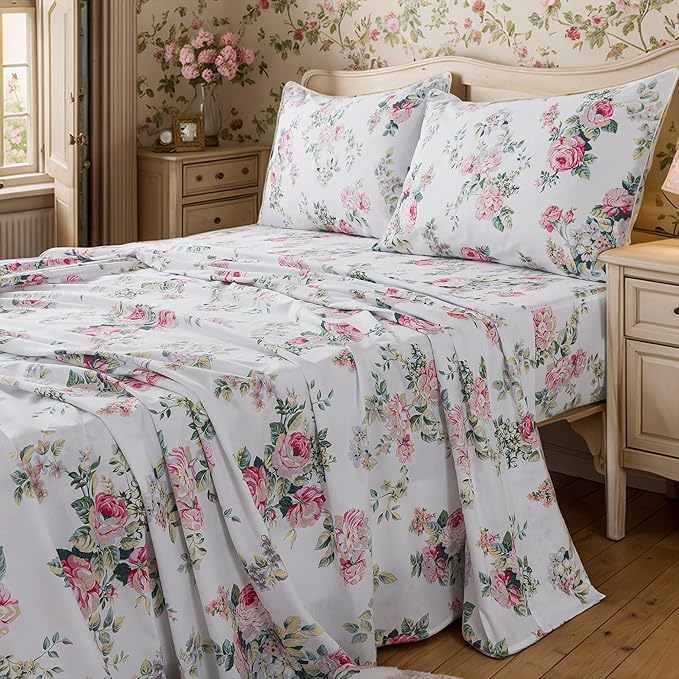 FADFAY Sheets Set Twin Pink Rose Floral Bedding Shabby Peony Flower Bed Sheet Set Vintage Farmhouse Bedding 100% Cotton Ultra Soft Breathable Set with Deep Pocket Fitted Sheet 4Pcs, Twin Size