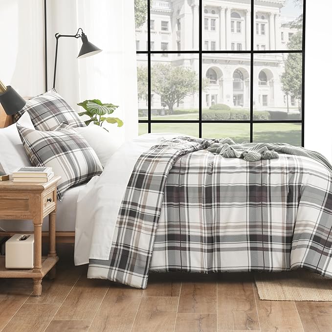 Andency Gray Brown Black Plaid Comforter Set Twin(66x90 Inch), 2 Pieces Grid Gingham Stripes Bedding Comforter Sets for Boys Girls Kids Teens, Preppy Geometric Line Soft Lightweight Reversible Bed Set