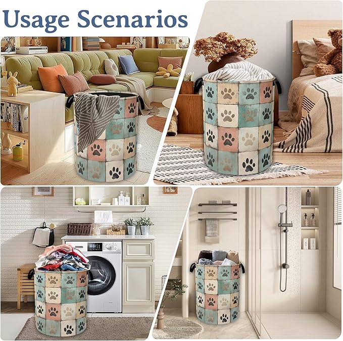 Cute Paw Print Laundry Basket,Foldable Oxford Cloth Vintage Laundry Hamper With Handle, 20.8"x16" Portable Clothes Storage Basket Bag for Laundry Room/Bathroom/Bedroom/Dormitories