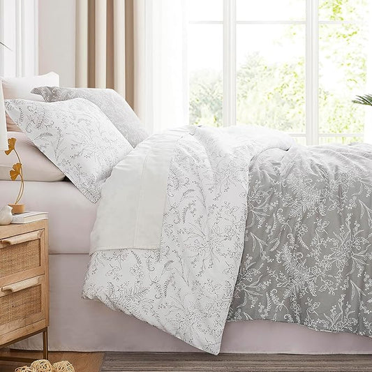 Southshore Fine Living, Inc. Reversible Floral Duvet Cover Set, Twin/XL – Premium Microfiber Bedding, Easy Care – Includes 1 Twin Duvet Cover and 1 Sham, Machine Washable, Winter Brush Steel Grey