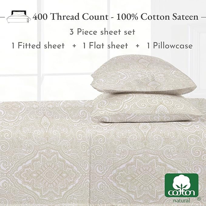 California Design Den Printed Twin XL Sheet Sets - 400 Thread Count Sateen, Natural 100% Cotton Sheets, Deep Pockets, and Durable Bedding Set - Paisley Pattern, Beige CaliforniaDesignDen