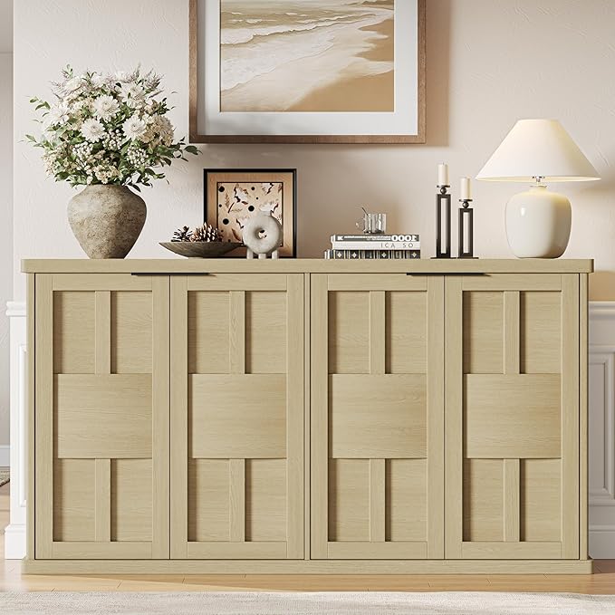 Sideboard Buffet Cabinet with Storage, 60" Modern Farmhouse Accent Cabinet with Geometric Fluted Doors & Magnetic Catch, Wood Coffee/TV Console Table Credenza for Kitchen, Living Room (Oak)