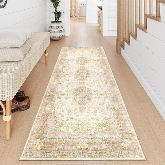 Washable Runner Rug 2'x6',Boho Rug Runners Non Slip,Long Rugs for Hallways Kitchen Bathroom Bedroom Entryway,Vintage Bohemian Distressed Floor Carpet,Beige Gold Floral