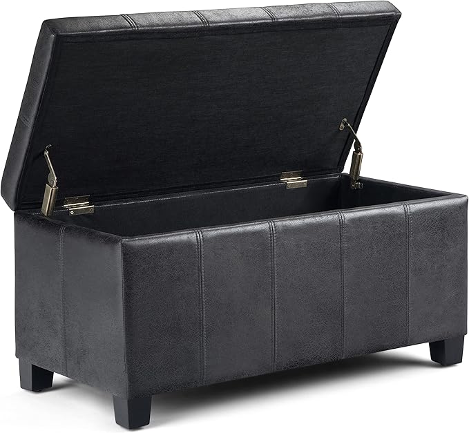 SIMPLIHOME Dover 36 inch Wide Contemporary Rectangle Storage Ottoman Bench in Distressed Black Vegan Faux Leather, Assembled, For the Living Room, Entryway and Family Room