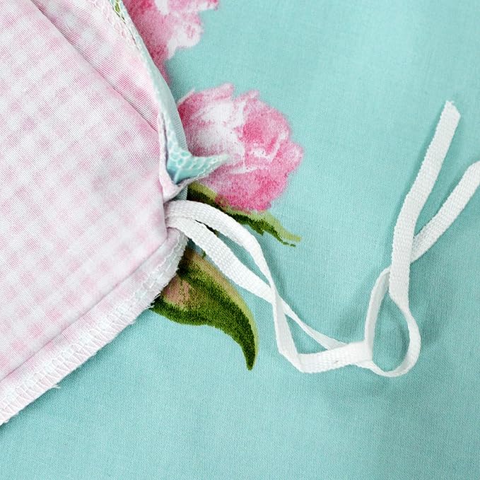 FADFAY Shabby Floral Duvet Cover Set Pink Grid Cotton Farmhouse Bedding with Hidden Zipper Closure 3 Pieces, 1duvet Cover & 2pillowcases,Full Size