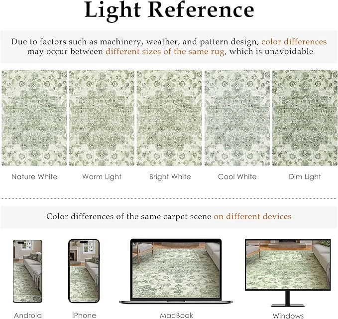 8x10 Washable Neutral Area Rug Green Vintage Living Room Bedroom Carpet Non-Slip Soft Low Pile Floral Indoor Large Throw Rug for Dining Room Office