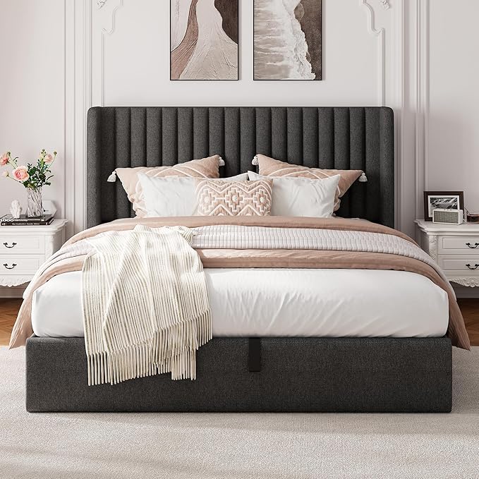 Queen Size Lift Up Storage Bed, Upholstered Platform Bed Frame with Wingback Headboard, Hydraulic System, Solid Wooden Slats Support, Noise-Free, Easy Assembly, No Box Spring Needed, Dark Grey