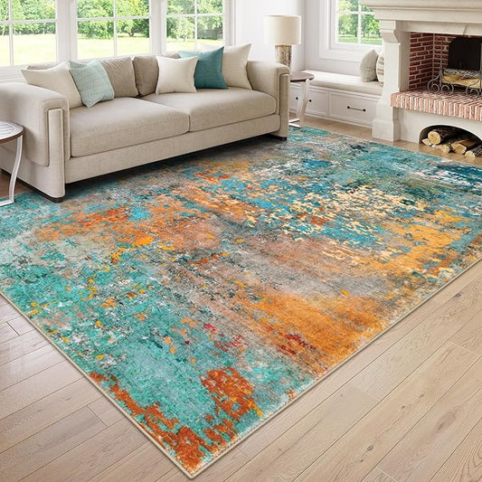 Lahome Modern Abstract Area Rugs 9x12 Living Room Rug, Washable Rugs for Living Room Bedroom Low Pile Non Slip, Colorful Large Soft Indoor Carpet for Dining Room Table Apartment Classroom