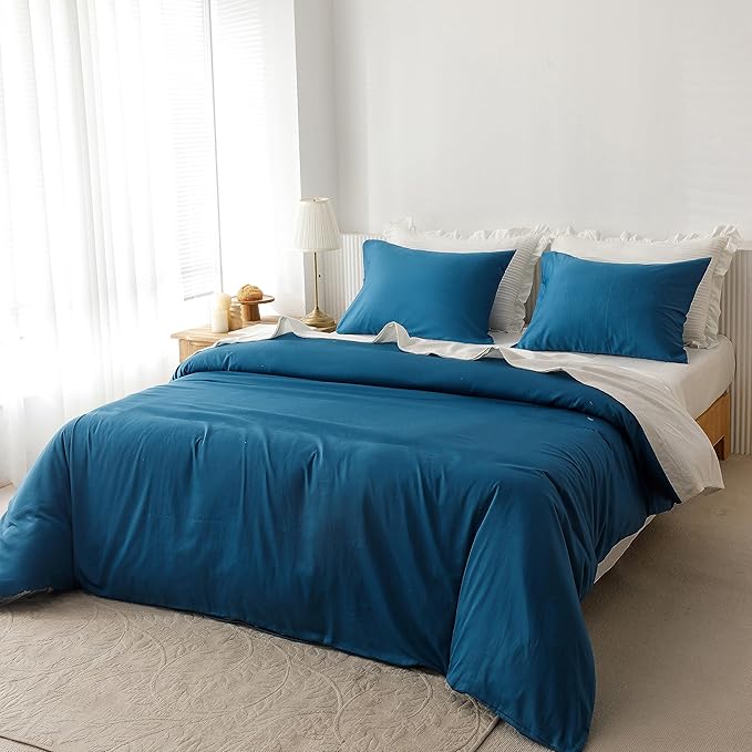 HeimenAogo Extra-Long Staple Cotton Duvet Cover Set Full Sateen Weave, Silky Soft and Breathable Comforter Cover with Zipper Closure, High TC Egyptian Cotton Blanket Cover, Deep Water Blue 80"×90"