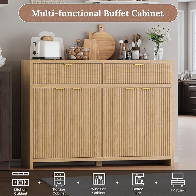 Fluted Sideboard Buffet Cabinet with Storage Drawers, 55" Large Accent Storage Cabinet with Doors and Adjustable Shelf, Modern Farmhouse Credenza for Entryway, Kitchen, Living Room - Wood