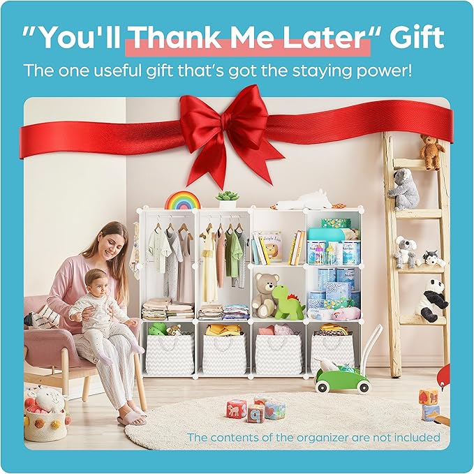 Baby Closet Organizer for Nursery: Durable Baby Wardrobe for Closet - Customizable Baby Dresser Amoire Shelves - Waterproof Shelf Clothes Organizer w/Wall Fixation (White)