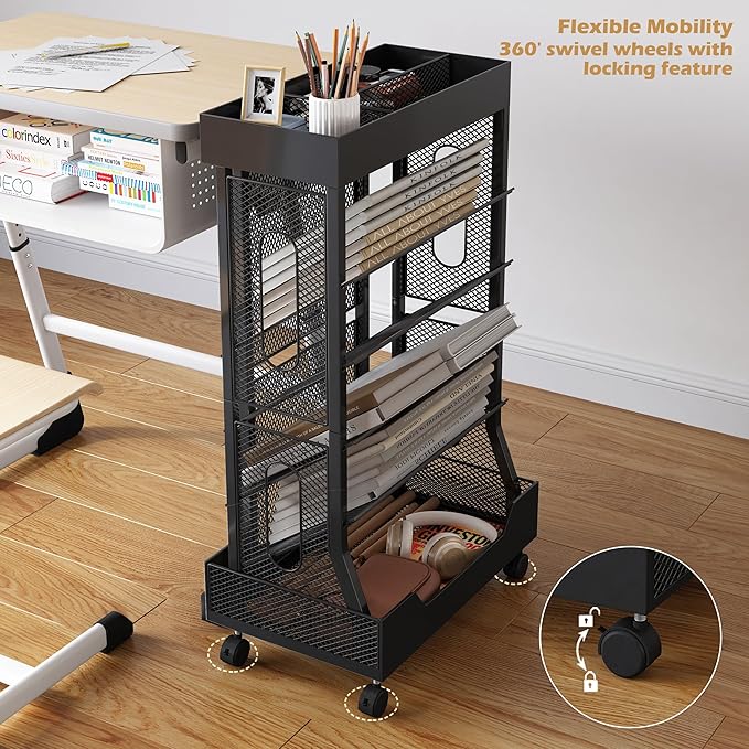 COVAODQ Rolling File Cart Book Cart with Wheels Mobile Bookshelf File Organizer Beside Desk, Free-Standing File Holder, Paper Letter Tray Organizer Mesh Desk Organizer for Office School