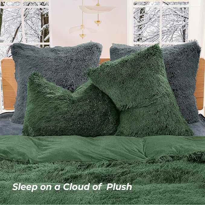 Sasttie 3-Piece Fluffy Duvet Cover Full, Ultra Soft Faux Fur and Velvet Sage Comforter Cover, Luxury Fuzzy Bedding Sets for Winter Bed, Includes 1 Duvet Cover and 2 Pillowcases, No Comforter