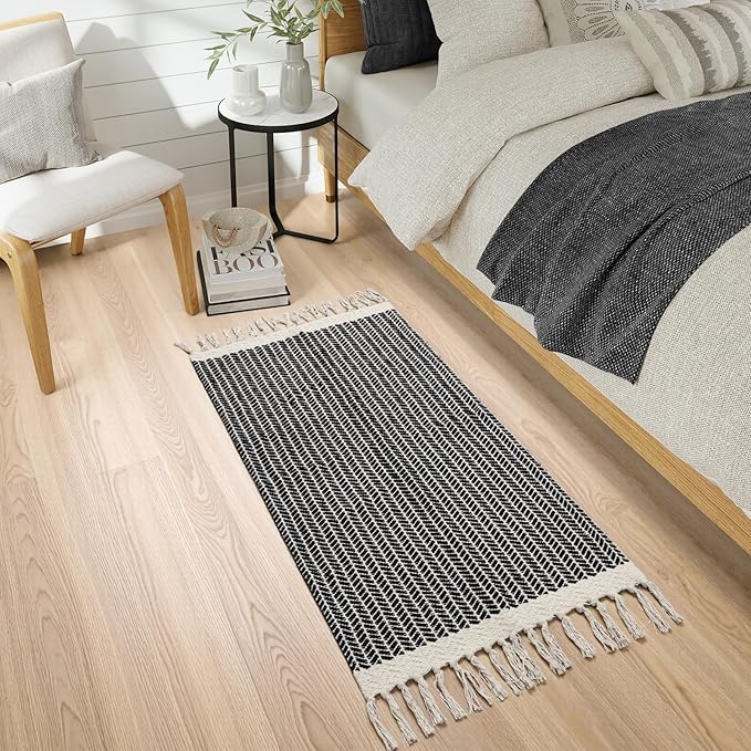 Lahome Boho Kitchen Runner, 2x4.3 Bathroom Runner Rugs Lightweight Entryway Rug Woven Cotton Throw Mat with Tassels, Farmhouse Non Shedding Washable Black Rug Low Pile Runners for Bedroom Doorway