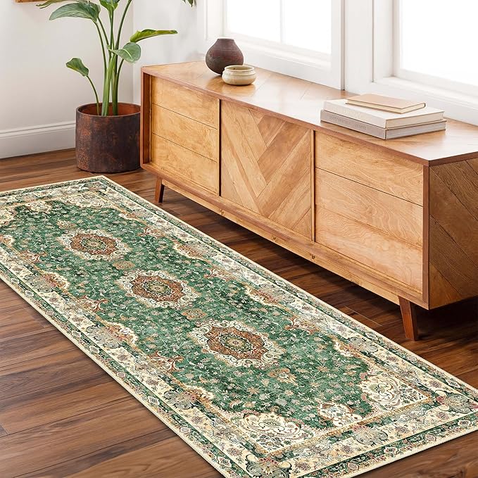 Washable Runner Rug 2'x6',Green Rug Runners Non Slip,Long Boho Rugs for Hallways Kitchen Bathroom Bedroom Entryway,Vintage Bohemian Distressed Floor Carpet,Retro Sage Floral