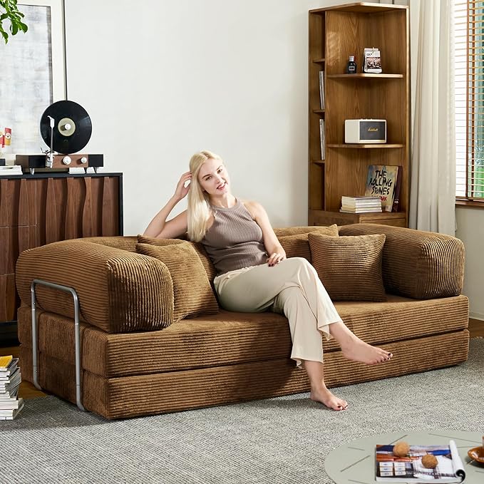 78 Inch Convertible Sofa Bed, Corduroy Boneless Couch with Fixed Frame and 4 Pillows, Modular Sectional Couch for Living Room Bedroom Studio Floor Bed Loveseat Sofa (Brown)