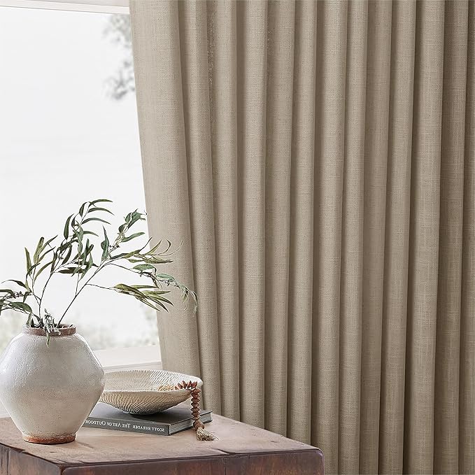 Extra Long Pinch Pleated Linen 108 Inch Curtains 2 Panels Set for Living Room Bedroom Farmhouse Tan Brown Cotton Flax Back Tab Memory Shape Pinch Pleat Ceiling Floor Window Curtains 9 FT Grey Beige