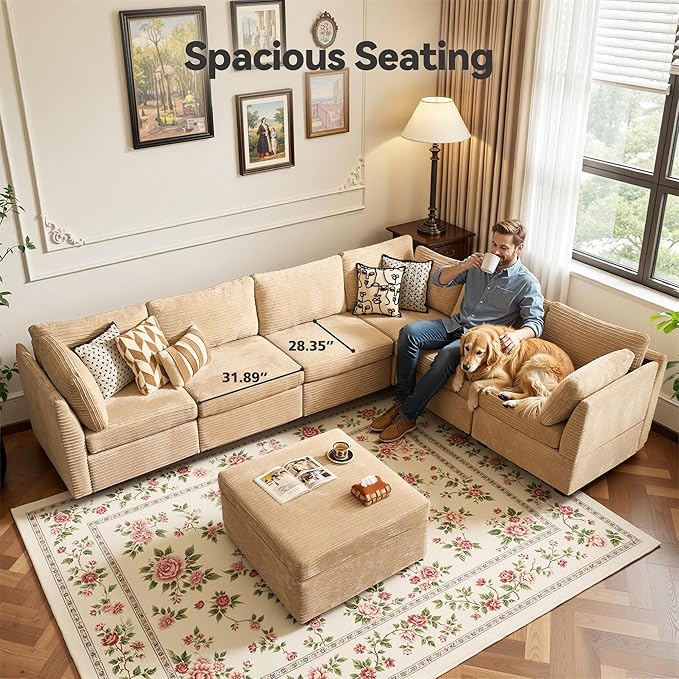 Large 7 Seat Modular Sectional Sofa with Ottoman Seat Corduroy Sleeper Sectional Sofa Bed Oversized Convertible Modular Couch for Living Room