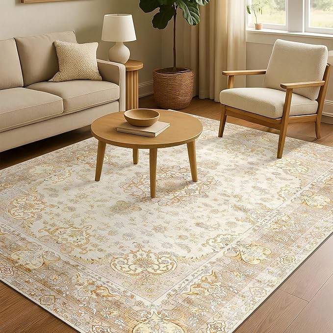 Boho Rug 4'x6.5',Washable Area Rugs for Bedroom Living Room Kitchen Entryway Bedside,Small Vintage Bohemian Distressed Non Slip Carpet,Beige Gold Floral