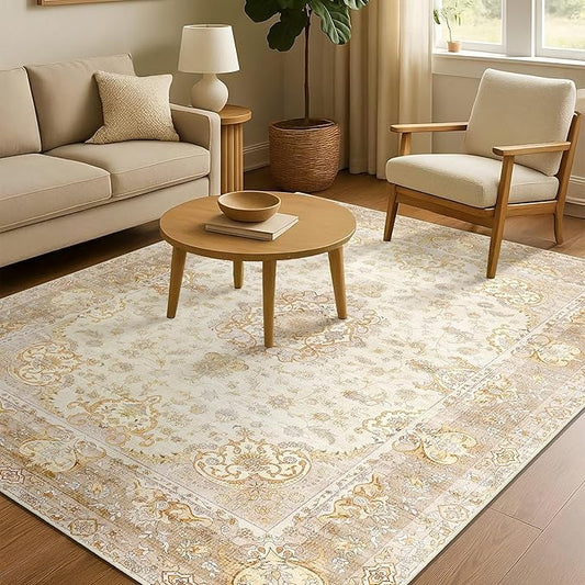 Boho Rug 4'x6.5',Washable Area Rugs for Bedroom Living Room Kitchen Entryway Bedside,Small Vintage Bohemian Distressed Non Slip Carpet,Beige Gold Floral